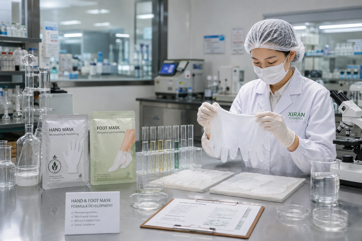 Scientist wearing protective gear testing hand and foot masks in a cosmetics laboratory, surrounded by test tubes, product samples, and lab equipment.
